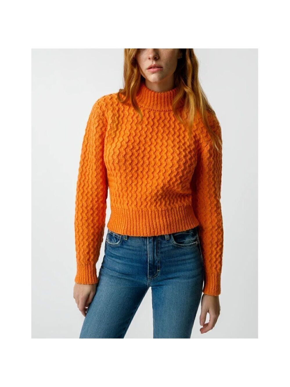 NEW AMO Helen Alpaca Wool Blend Cable Knit Pullover Sweater Orange Melon XS